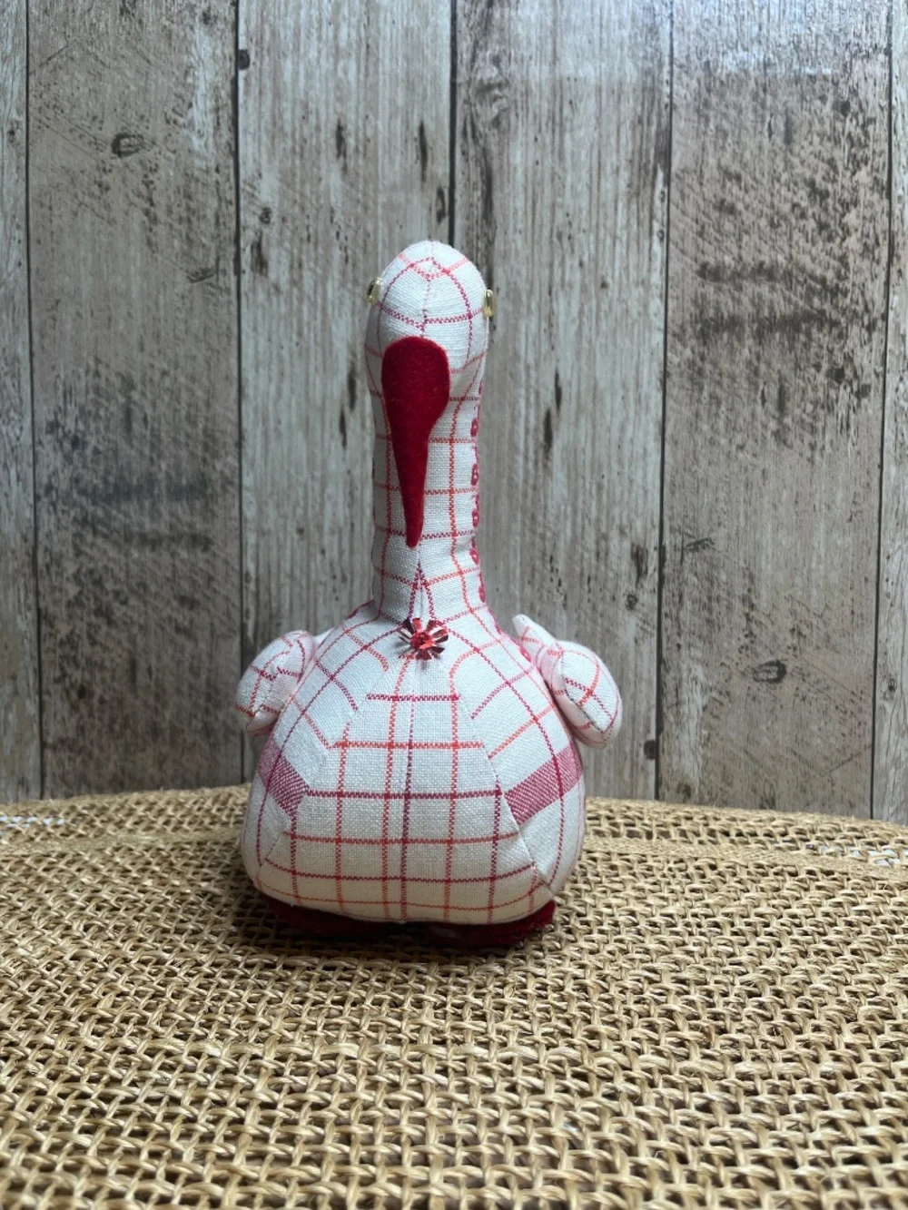 Vintage Red & White Plaid Goose Duck Fabric Plush Holiday Decor - Picture 4 of 6